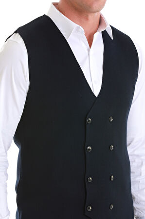 Lacivert Regular Fit Düz Kruvaze Triko Yelek | L