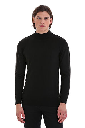 Siyah Regular Fit Düz Yarım Balıkçı Yaka Yünlü Triko Kazak | L