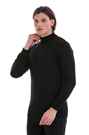 Siyah Regular Fit Düz Yarım Balıkçı Yaka Yünlü Triko Kazak | L