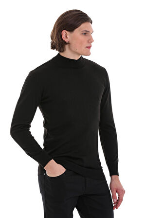 Siyah Regular Fit Düz Yarım Balıkçı Yaka Yünlü Triko Kazak | S