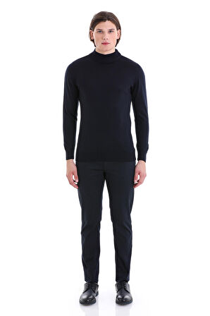 Lacivert Regular Fit Düz Yarım Balıkçı Yaka Yünlü Triko Kazak | S