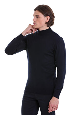 Lacivert Regular Fit Düz Yarım Balıkçı Yaka Yünlü Triko Kazak | S