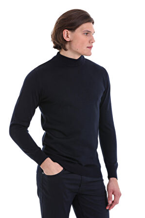 Lacivert Regular Fit Düz Yarım Balıkçı Yaka Yünlü Triko Kazak | S