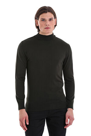 Haki Regular Fit Düz Yarım Balıkçı Yaka Yünlü Triko Kazak | S