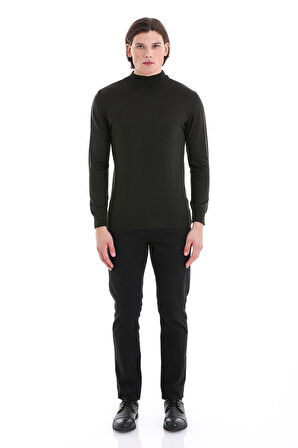 Haki Regular Fit Düz Yarım Balıkçı Yaka Yünlü Triko Kazak | S