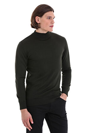 Haki Regular Fit Düz Yarım Balıkçı Yaka Yünlü Triko Kazak | S