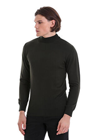 Haki Regular Fit Düz Yarım Balıkçı Yaka Yünlü Triko Kazak | S