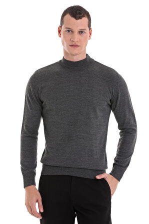 Gri Regular Fit Düz Yarım Balıkçı Yaka Yünlü Triko Kazak | 3XL