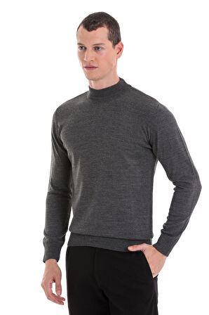 Gri Regular Fit Düz Yarım Balıkçı Yaka Yünlü Triko Kazak | 3XL