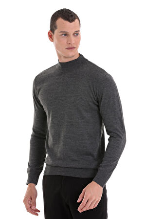 Gri Regular Fit Düz Yarım Balıkçı Yaka Yünlü Triko Kazak | 3XL