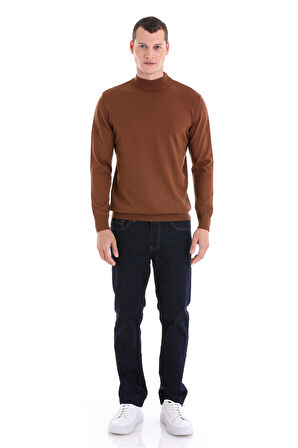 Tütün Regular Fit Düz Yarım Balıkçı Yaka Yünlü Triko Kazak | 3XL