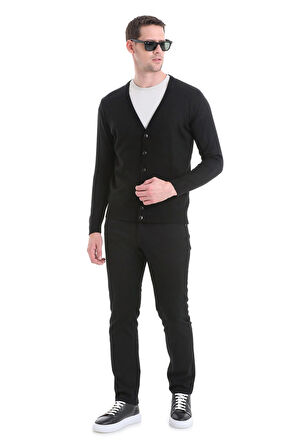 Siyah Regular Fit Düz Düğmeli Triko Hırka | S