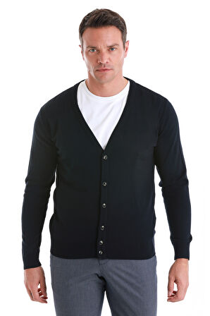 Lacivert Regular Fit Düz V Yaka Triko Hırka | 3XL