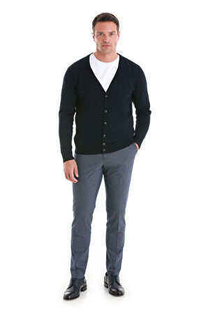 Lacivert Regular Fit Düz V Yaka Triko Hırka | 3XL