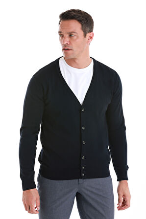 Lacivert Regular Fit Düz V Yaka Triko Hırka | 3XL