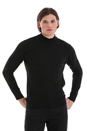 Siyah Regular Fit Jakarlı Yarım Balıkçı Yaka Yünlü Triko Kazak | XXL