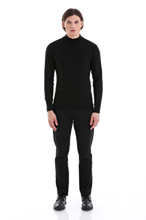 Siyah Regular Fit Jakarlı Yarım Balıkçı Yaka Yünlü Triko Kazak | XXL