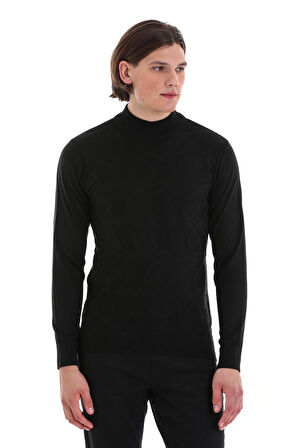 Siyah Regular Fit Jakarlı Yarım Balıkçı Yaka Yünlü Triko Kazak | XXL