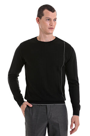 Siyah Regular Fit Jakarlı Bisiklet Yaka Yünlü Triko Kazak | 3XL