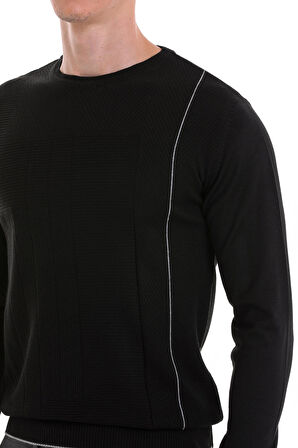 Siyah Regular Fit Jakarlı Bisiklet Yaka Yünlü Triko Kazak | 3XL