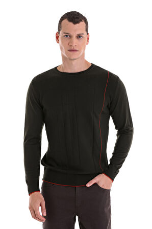 Haki Regular Fit Jakarlı Bisiklet Yaka  Yünlü Triko Kazak | L