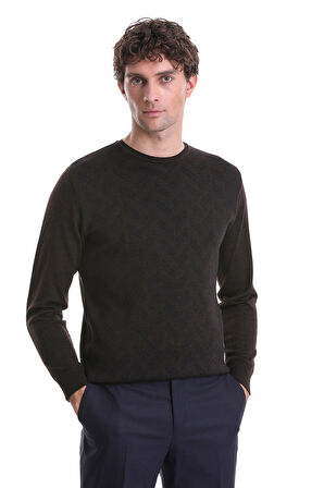 Kahverengi Regular Fit Jakarlı Bisiklet Yaka Yünlü Triko Kazak | M