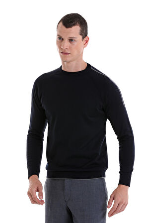 Lacivert Regular Fit Jakarlı Bisiklet Yaka Yünlü Triko Kazak | M