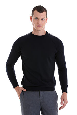 Lacivert Regular Fit Jakarlı Bisiklet Yaka Yünlü Triko Kazak | S