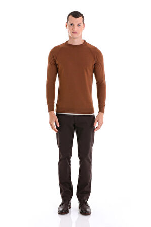 Tütün Regular Fit Jakarlı Bisiklet Yaka  Yünlü Triko Kazak | L