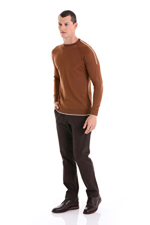 Tütün Regular Fit Jakarlı Bisiklet Yaka  Yünlü Triko Kazak | L