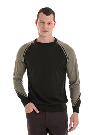 Haki Regular Fit Bisiklet Yaka Jakarlı Yünlü Triko Kazak | L