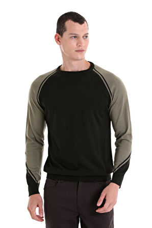 Haki Regular Fit Bisiklet Yaka Jakarlı Yünlü Triko Kazak | L