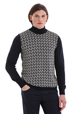 Lacivert Regular Fit Jakarlı Yarım Balıkçı Yaka Yünlü Triko Kazak | 3XL