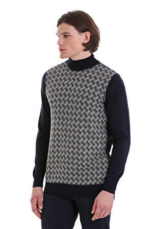 Lacivert Regular Fit Jakarlı Yarım Balıkçı Yaka Yünlü Triko Kazak | 3XL