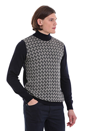 Lacivert Regular Fit Jakarlı Yarım Balıkçı Yaka Yünlü Triko Kazak | 3XL