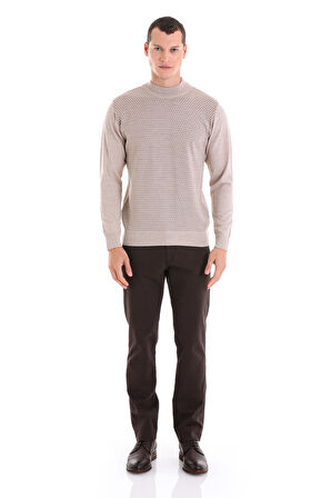 Bej Regular Fit Yarım Balıkçı Yaka Jakarlı Yünlü Triko Kazak | S