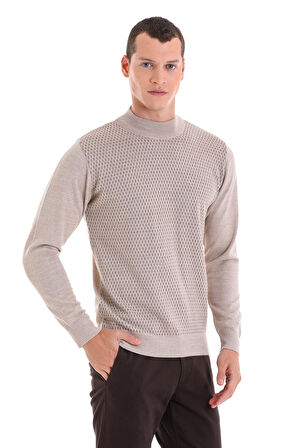 Bej Regular Fit Yarım Balıkçı Yaka Jakarlı Yünlü Triko Kazak | S