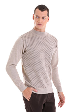 Bej Regular Fit Yarım Balıkçı Yaka Jakarlı Yünlü Triko Kazak | XL