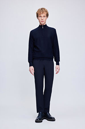 Lacivert Regular Fit Jakarlı Yarım Balıkçı Yaka Fermuarlı Yünlü Triko Kazak | S