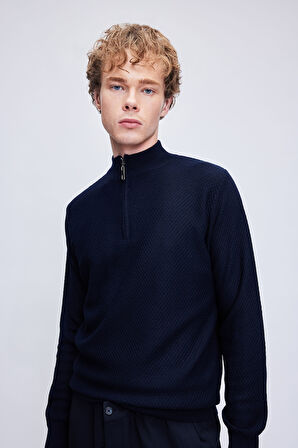 Lacivert Regular Fit Jakarlı Yarım Balıkçı Yaka Fermuarlı Yünlü Triko Kazak | XXL