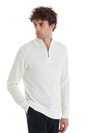 Ekru Regular Fit Jakarlı Yarım Balıkçı Yaka Fermuarlı Yünlü Triko Kazak | 3XL