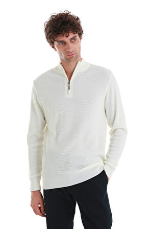 Ekru Regular Fit Jakarlı Yarım Balıkçı Yaka Fermuarlı Yünlü Triko Kazak | 3XL