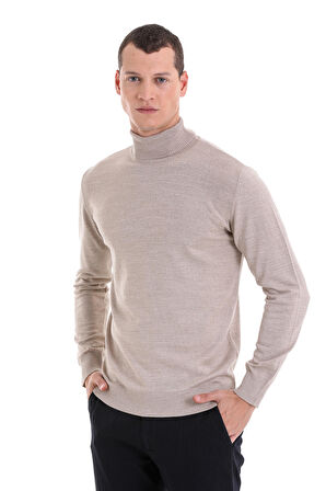 Bej Regular Fit Düz Balıkçı Yaka Yünlü Triko Kazak | S