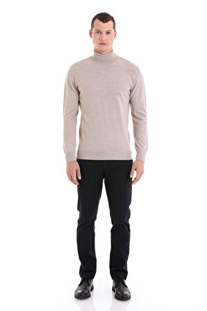 Bej Regular Fit Düz Balıkçı Yaka Yünlü Triko Kazak | XL