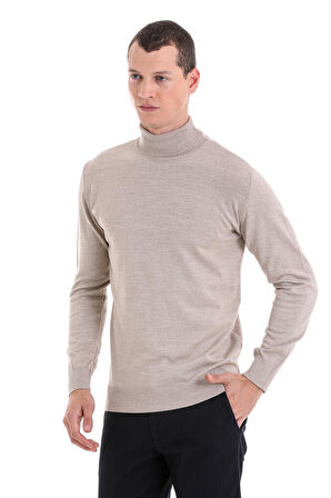 Bej Regular Fit Düz Balıkçı Yaka Yünlü Triko Kazak | XL