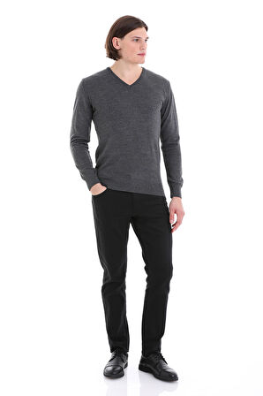 Gri Regular Fit Düz V Yaka Yünlü Triko Kazak | XL