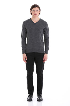 Gri Regular Fit Düz V Yaka Yünlü Triko Kazak | XXL