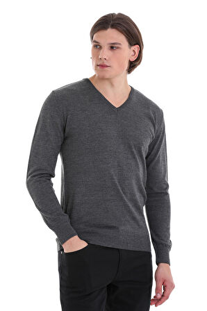 Gri Regular Fit Düz V Yaka Yünlü Triko Kazak | XXL