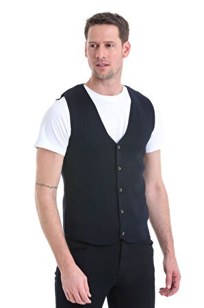 Lacivert Regular Fit Düz V Yaka Triko Yelek | L