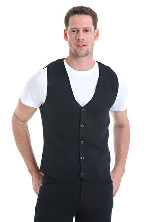 Lacivert Regular Fit Düz V Yaka Triko Yelek | M